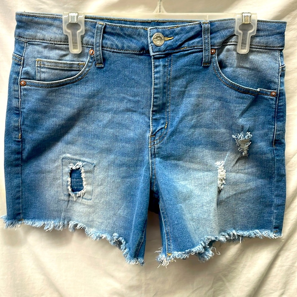 Copper hash high rise faded distressed fringe & patch shorts ladies sz 12 4/24/4